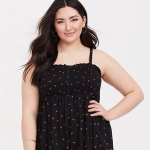 BLACK STRAWBERRY CHALLIS SMOCKED TOP